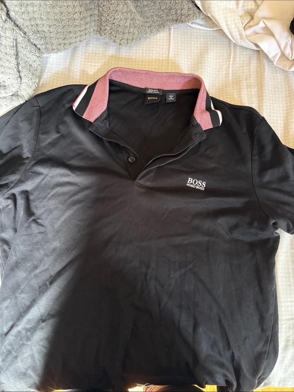 Hugo Boss Black Polo with Pink-Trim Ribbed Collar size medium